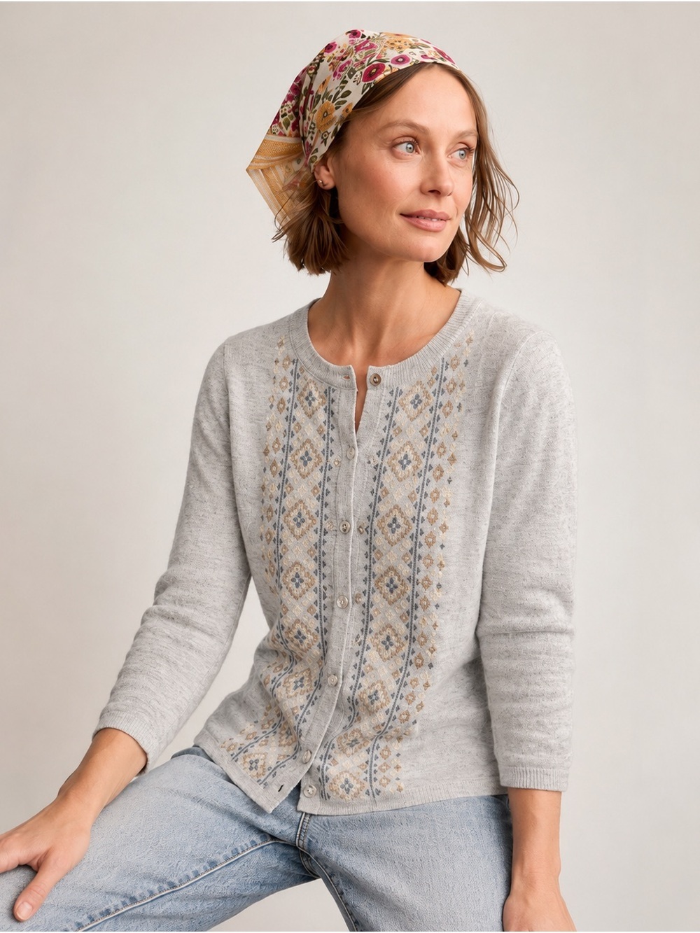 Garnet Hill 100% Merino Wool Embroidered Cardigan Sweater L